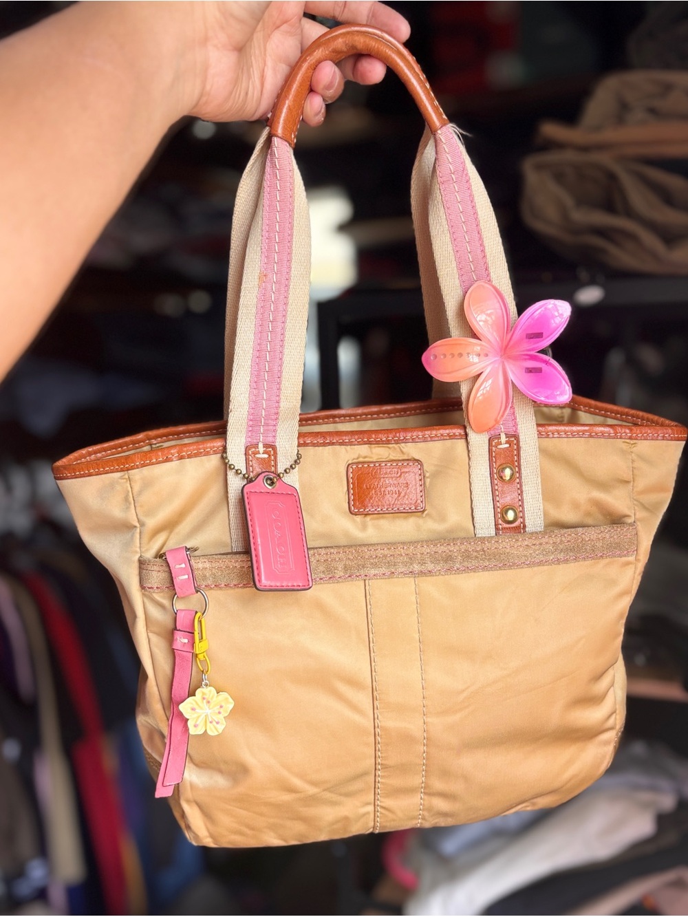 Coach Tan Canvas Tote with Pink Trim and Flower Charm